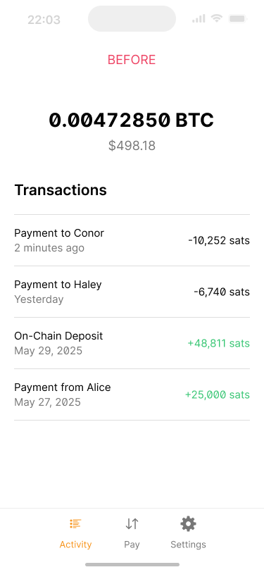 Wallet homescreen showing traditional display of bitcoin quantities.